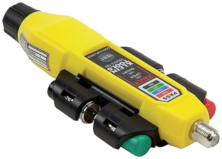 Gelbes elektrisches Testwerkzeug mit verschiedenen Anschlüssen und Schaltern, Farbcodes für Statusanzeige wie 'PASS' und 'FAULT'.