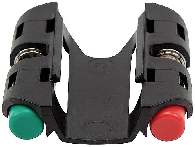 Ein schwarzer, plastikartiger Batterienhalter mit zwei runden Knöpfen, grün und rot. Sie dienen als Farbmarkierungen oder Schalter.