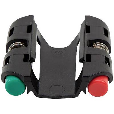 Ein schwarzer, plastikartiger Batterienhalter mit zwei runden Knöpfen, grün und rot. Sie dienen als Farbmarkierungen oder Schalter.