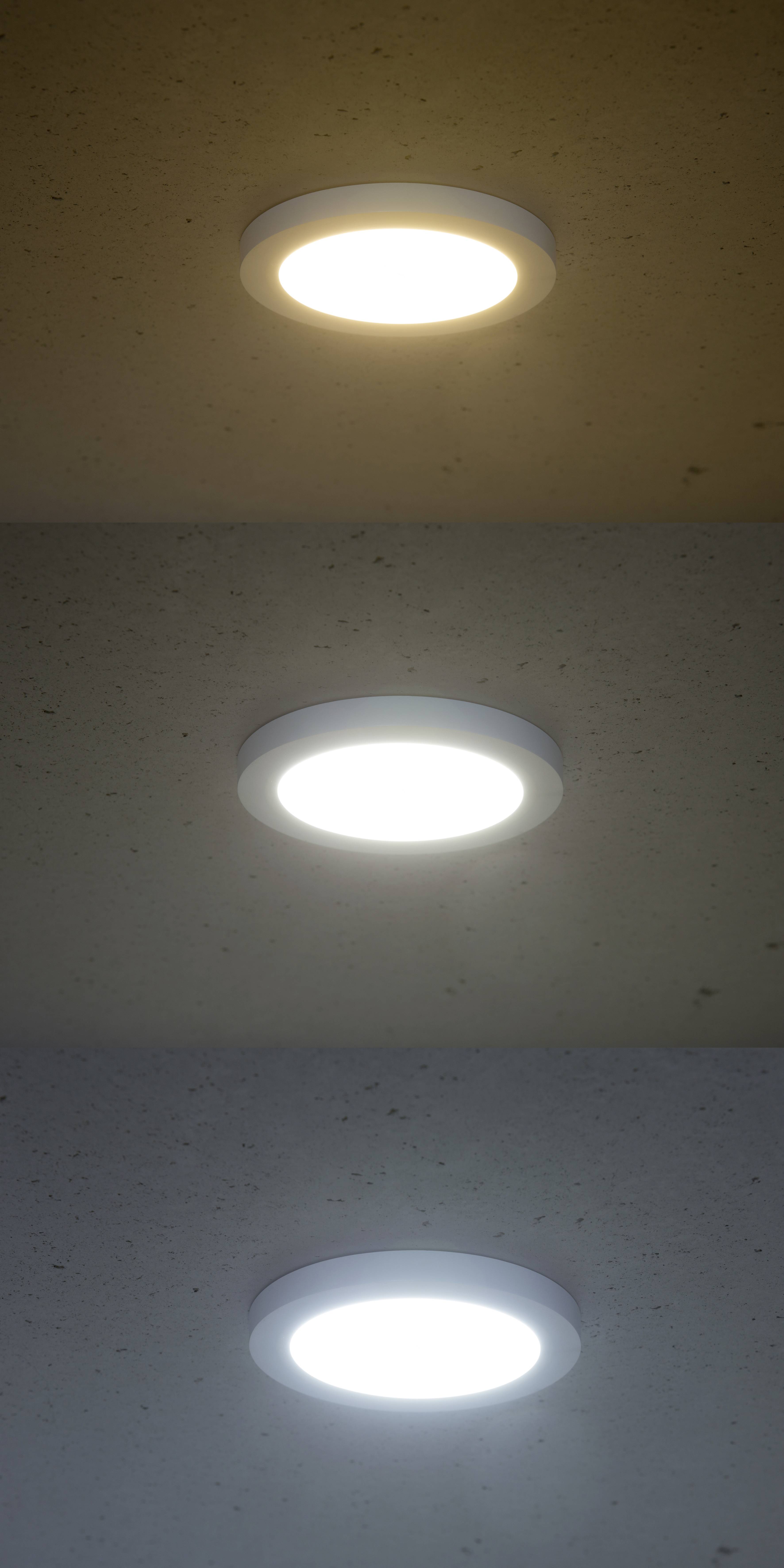 Drei Deckenleuchten in warmem, neutralem und kaltem Licht, diagonal angeordnet, verdeutlichen unterschiedliche Lichttemperaturen.