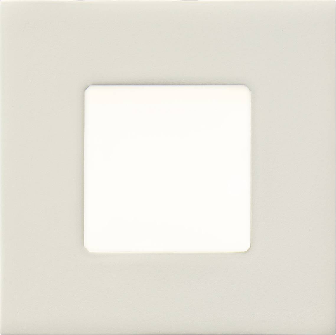 Ein weißes quadratisches Lichtpanel in einem cremefarbenen Rahmen.