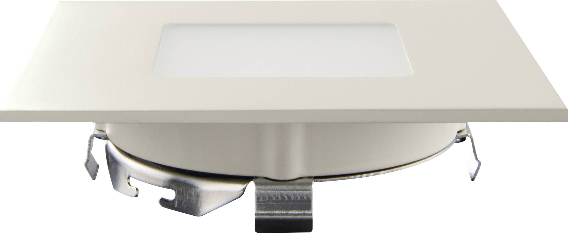 Quadratische Einbauleuchte mit mattem, weißem Rahmen und integriertem LED-Licht. Rahmen hat abgerundete Ecken und glänzendes Metall.