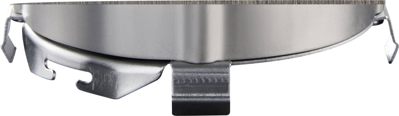 Nahaufnahme eines metallischen Gegenstands mit abgerundeter Form und kleinen Haken an den Seiten, möglicherweise ein Bestandteil einer Maschine oder Vorrichtung.