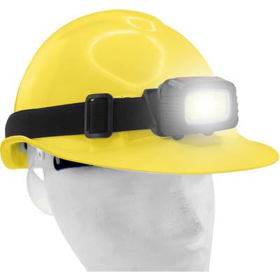 Gelber Schutzhelm mit Stirnlampe, die aktiv leuchtet, befestigt; für Sicherheits- und Bauarbeiten geeignet.