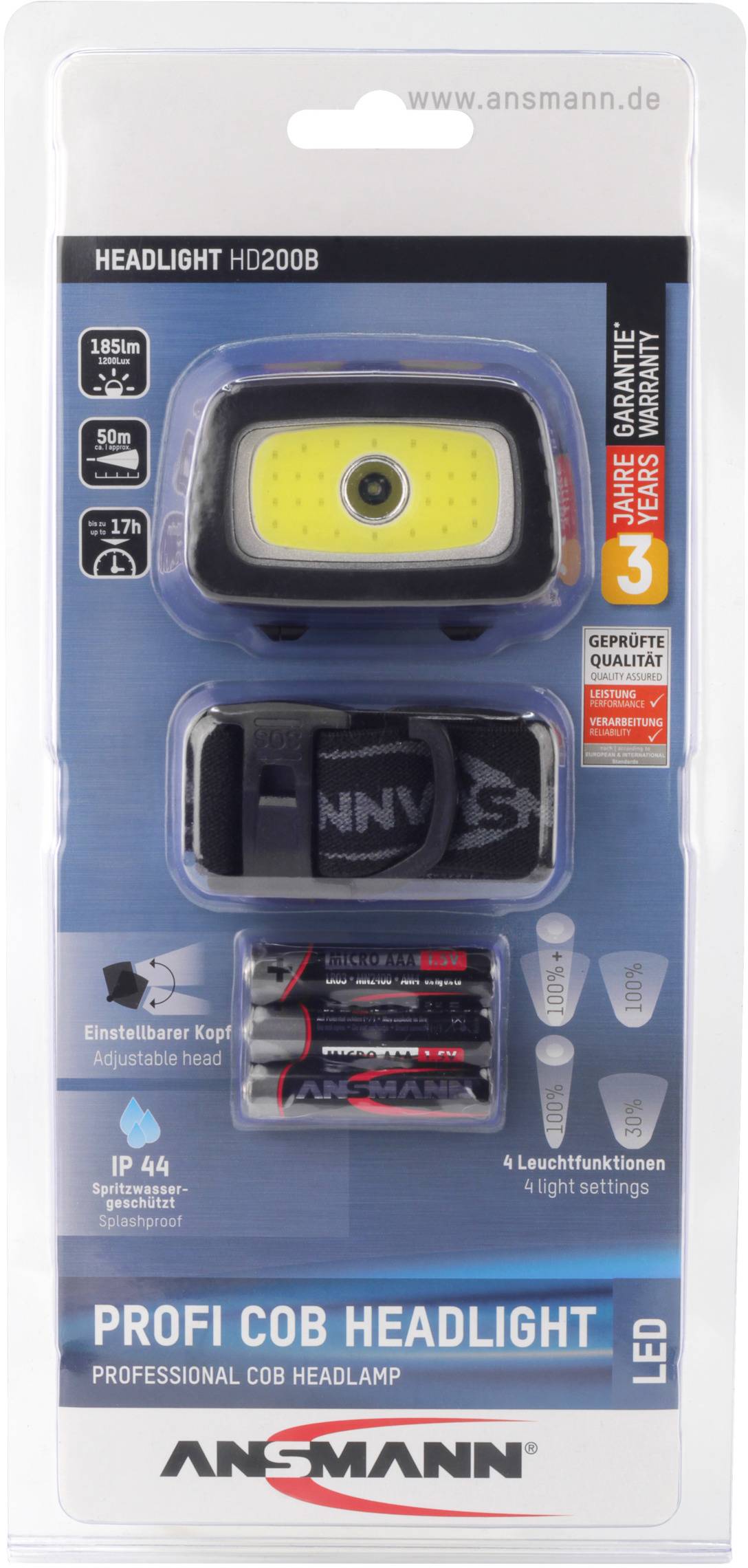 Wiederaufladbare LED-Stirnlampe von Ansmann mit verstellbarem Kopf. IP44 wetterfest, inklusive 3 AAA-Batterien, vier Leuchtmodi.