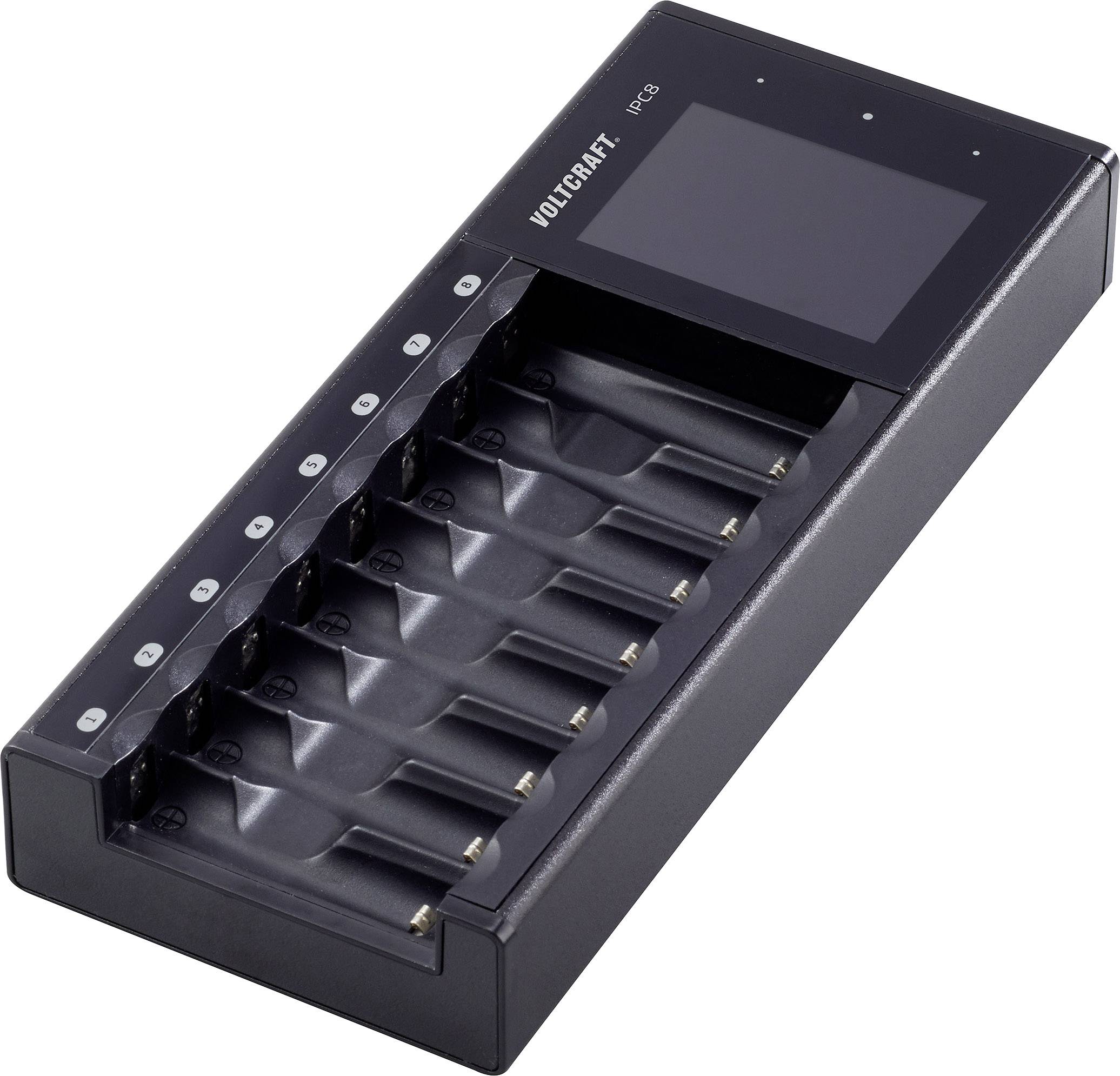 Ladegerät mit acht Steckplätzen, geeignet für AA- und AAA-Batterien. Oben befindet sich ein Display zur Anzeige des Ladezustands.