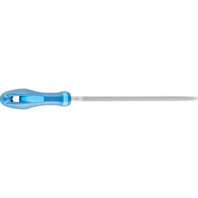 Eine blaue metallische Feile mit ergonomischem Griff, sichtbar ist der geriffelte Schaft zum Formen oder Glätten von Materialien.