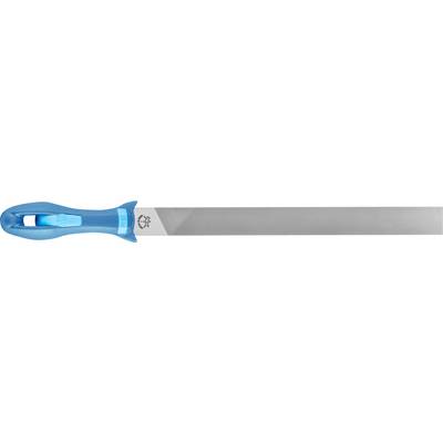 Eine übergroße Nagelfeile mit einem blauen ergonomischen Griff und einer langen, breiten Feilfläche. Ideal für professionelle Maniküre.