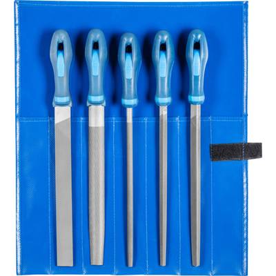 Fünf verschiedene Feilen mit blauen Griffen in einer blauen Tasche, geordnet nach Größe von links nach rechts. Geeignet für Metallbearbeitung.