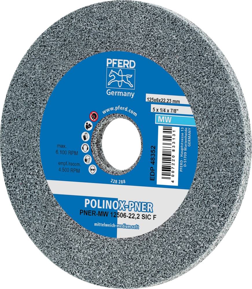 Schleifscheibe mit blauer Mitte, Markenlogo und Website. Modell 'POLINOX-PNER', 125x6x22,3 mm, max. 6.100 U/min, geeignet für mittelweich.