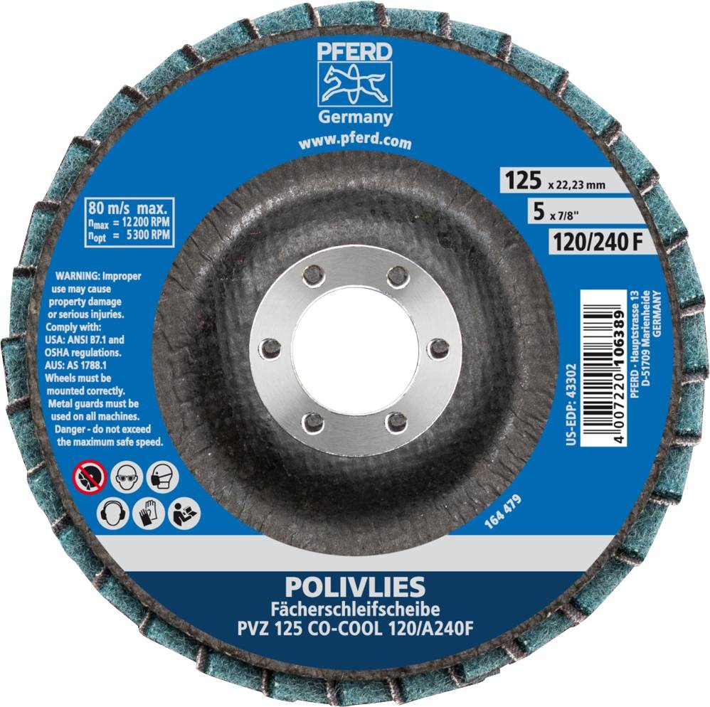'POLIVLIES Fächerschleifscheibe PVZ 125 CO-COOL 120/240 F' auf einer blauen Schleifscheibe mit Text zu Sicherheitshinweisen.