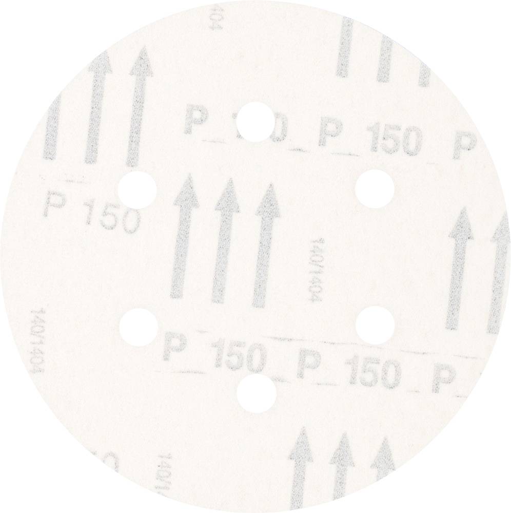 Rundes Schleifpapier mit sechs Löchern, mit der Körnung 'P150' bedruckt. Pfeile zeigen die Schleifrichtung an.