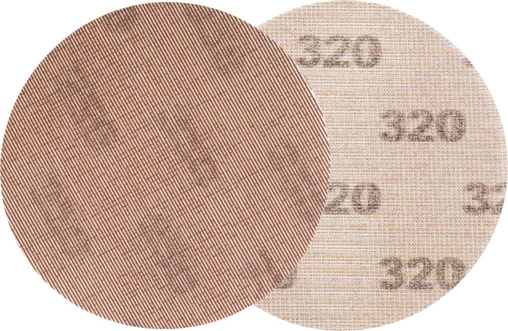 Kreisförmiges Schleifpapier mit feiner Körnung; braune Vorderseite, Rückseite zeigt die Körnungsnummer '320'.
