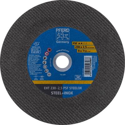 Schleifscheibe mit blauer Mitte, Marke 'Pferd', geeignet für Stahl und Edelstahl. Abmessungen: 230x2,5mm, maximale Drehzahl 6.600 U/min.