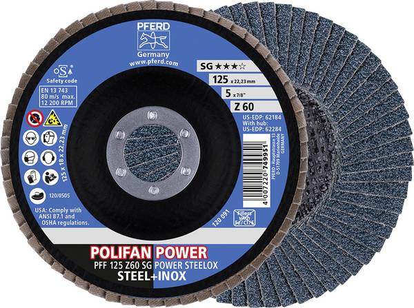 PFERD TOOLS 67686125 Z Sg Power Steelox Fächerschleifscheibe Durchmesser 125 mm Bohrungs-Ø 22.23 mm Körnung (num) 60  10 St.