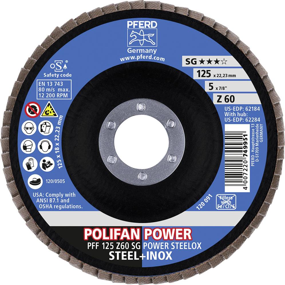 Schleifscheibe mit Aufschrift: 'POLIFAN POWER', 125 mm Durchmesser, für Stahl und Inox, max. 12.200 U/min, Markenname oben, Sicherheitsinfos links.