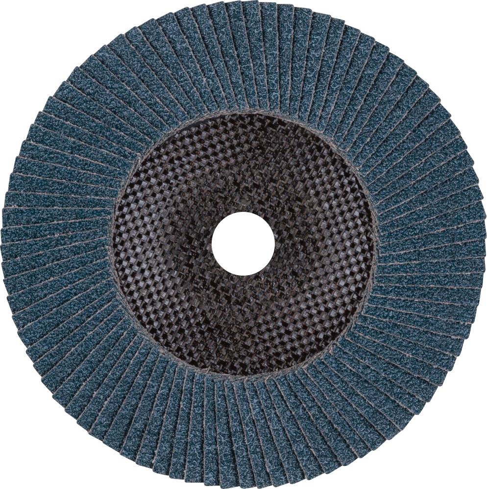 Schleifscheibe mit radial angeordneten Lamellen, zentralem Loch, und rauer Oberfläche. Verwendet für Materialbearbeitung und Politur.