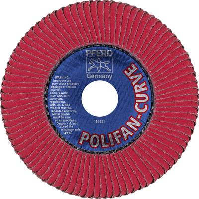 'POLIFAN-CURVE' Fächerschleifscheibe von PFERD Germany, roter Rand mit blauer Mitte, Hinweis auf Sicherheitsvorschriften.