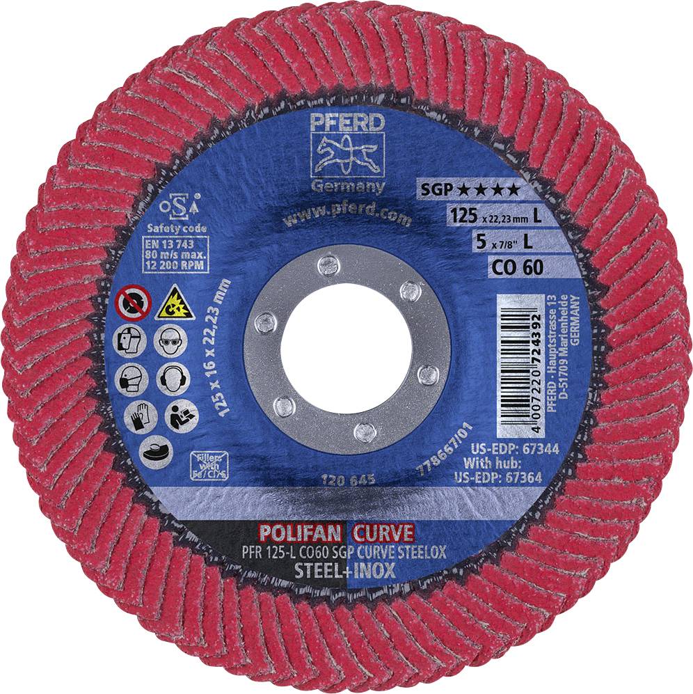 'PFERD Polifan Curve' Trennscheibe für Stahl und Inox, Durchmesser 125 mm, Dicke 1,0 mm. Rote Scheibe mit blauem Etikett in der Mitte.