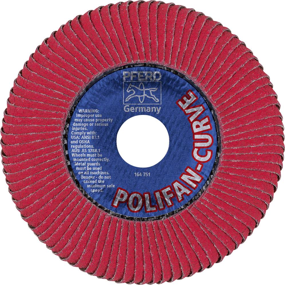 Schleifscheibe 'Polifan-Curve' von PFERD, rot mit blauer Mitte, verwendet für Metallbearbeitung. Warnung auf der Scheibe abgedruckt.