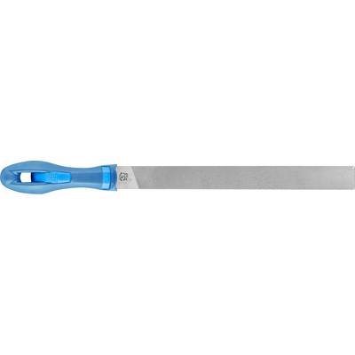Eine Flachfeile mit blauem Griff, verwendet zum Glätten von Oberflächen oder zum Schärfen von Werkzeugen.