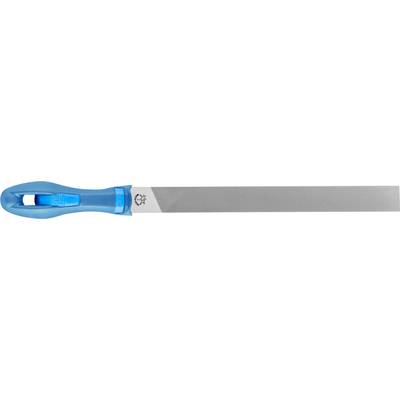 Eine flache Feile mit blauem Griff, geeignet zum Glätten oder Entgraten von Oberflächen in der Metallbearbeitung.