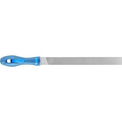 Eine flache Handfeile mit einem blauen, ergonomischen Griff und einer breiten Metallklinge. Geeignet für Holz- oder Metallbearbeitung.
