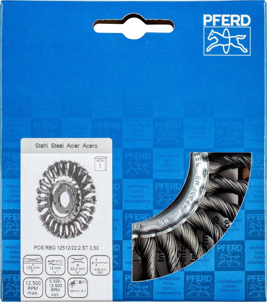 'PFERD' Verpackung für Drahtbürste aus Stahl, zeigt Größe und Spezifikationen. Enthält Bild der Bürste und technische Details.