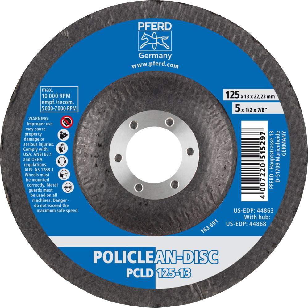 Schleifscheibe mit blauem Etikett der Marke PFERD. Typ: POLICLEAN-DISC PCLD 125-13. Durchmesser: 125mm. Max. Drehzahl: 10.000 U/min.