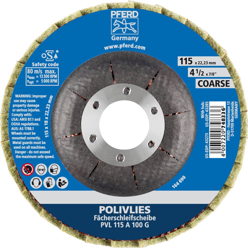 'POLIVLIES-Fächerschleifscheibe PVL 115 A 100 G, 115 mm Durchmesser, Körnung COARSE. Sicherheitsinformationen auf der Verpackung.'