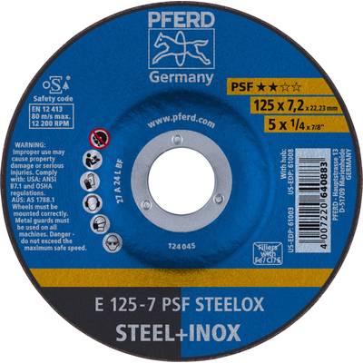 'Trennscheibe von PFERD für Stahl und Inox, Typ PSF. Durchmesser 125 mm, Dicke 7,2 mm. Sicherheits- und Warnhinweise auf Englisch.'