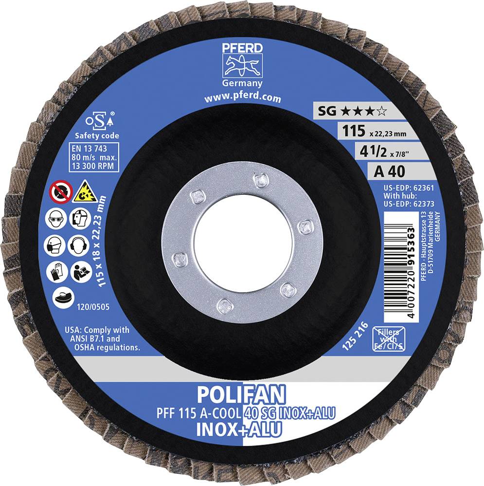 Schleifscheibe der Marke 'POLIFAN' für Edelstahl und Aluminium, Durchmesser 115 mm, Korn 40, inkl. Sicherheits- und Norminformationen.