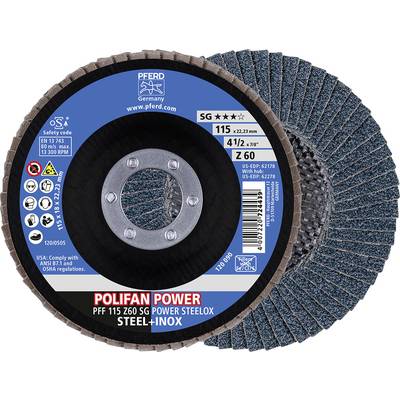 'POLIFAN POWER' Schleifscheibe von PFERD für Stahl und Inox, Durchmesser 115 mm, Bohrung 22,23 mm, Körnung Z60, max. 13.300 U/min.