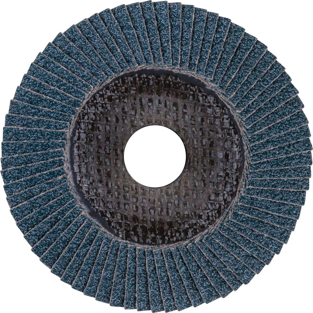 Eine runde Schleifscheibe mit gefalteten Schleiflamellen aus blauem Schleifmaterial, geeignet für Schleifarbeiten auf Metall oder Holz.