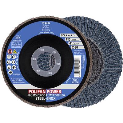 'Polifan Power' Schleifscheibe von Pferd für Stahl und Inox mit den Maßen 115 x 22,23 mm, Korn Z 60, maximale Drehzahl 13.300 U/min.