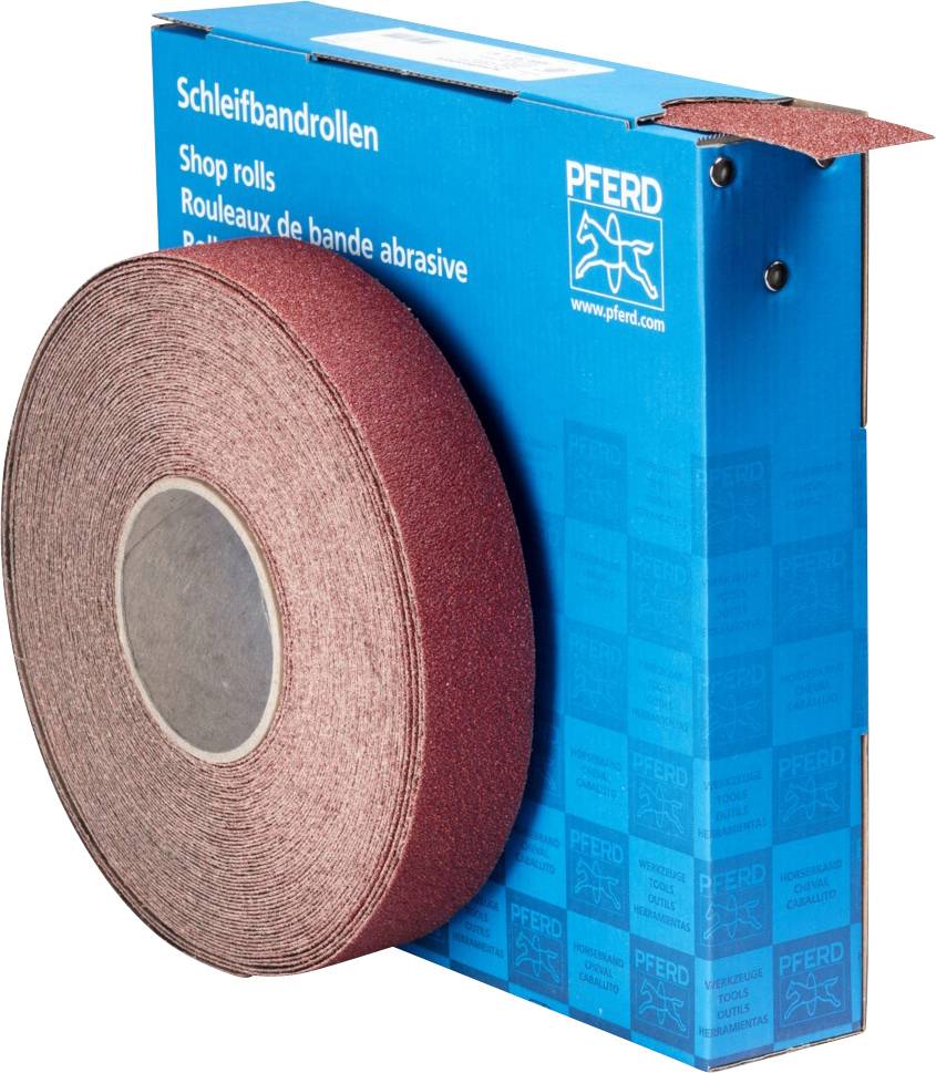 Rolle aus Schleifpapier in einer blauen Kartonverpackung mit der Aufschrift 'Schleifbandrollen'.