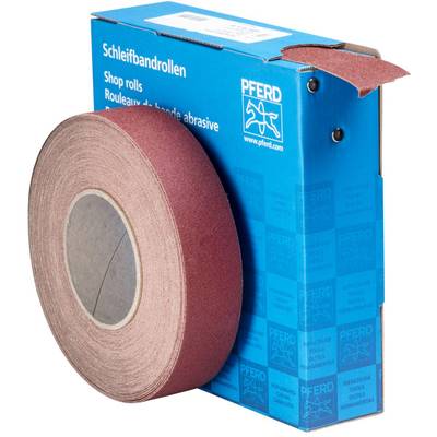 Schleifpapierrolle in roter Farbe in einer blauen Verpackung, Markenname 'PFERD' oben.