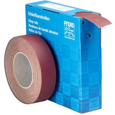 Eine blaue Box mit der Aufschrift 'Schleifbandrollen' enthält eine Rolle Schleifpapier, teilweise aus der Box gezogen.