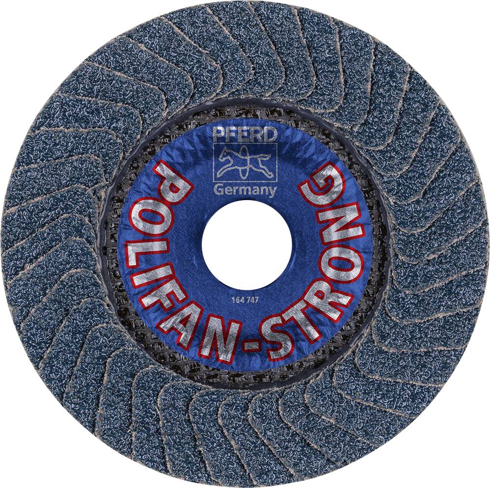 Runde Schleifscheibe 'POLIFAN-STRONG' von PFERD Germany, blau mit roten Schriftzügen, für Metallbearbeitung.