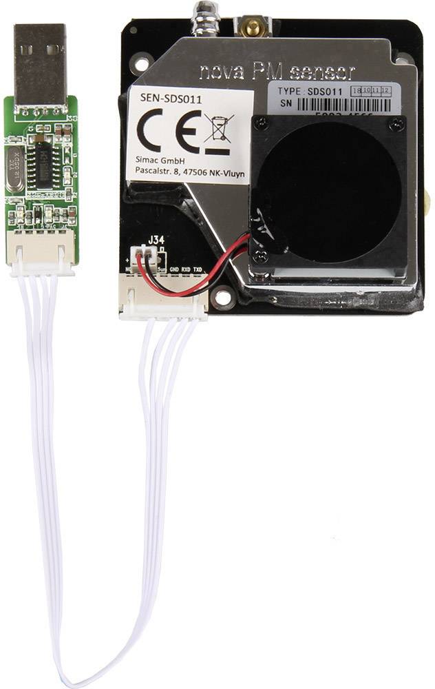 'Nova PM Sensor' mit USB-Anschluss und Kabel, Modell SEN-SDS011, zur Messung von Feinstaubpartikeln (PM) in der Luft.