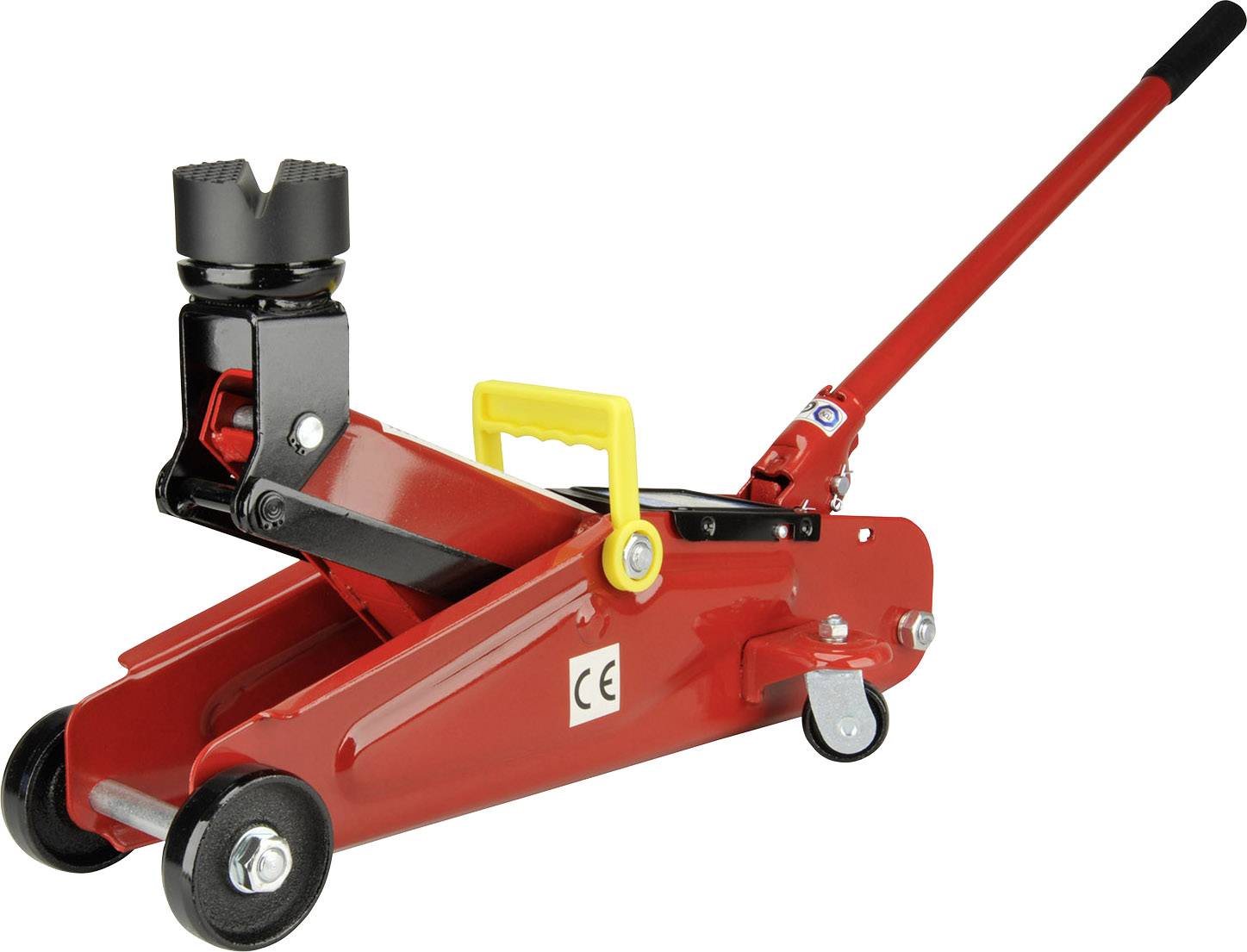 Ein roter hydraulischer Wagenheber mit schwarzem Hebearm und gelbem Griff, geeignet zum Anheben von Fahrzeugen und Maschinen.