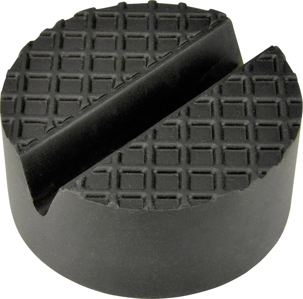 Rundes, schwarzes Gummipad mit geriffelter Oberfläche und einer tiefen Rille in der Mitte, geeignet zur Stabilisierung von Wagenhebern.
