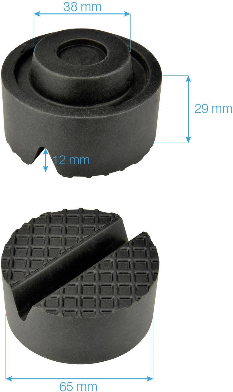 'Runder, schwarzer Gummiauflageblock mit Rillen: obere Ansicht zeigt 65 mm Durchmesser, seitliche Ansicht zeigt 38 mm Breite und 29 mm Höhe.'