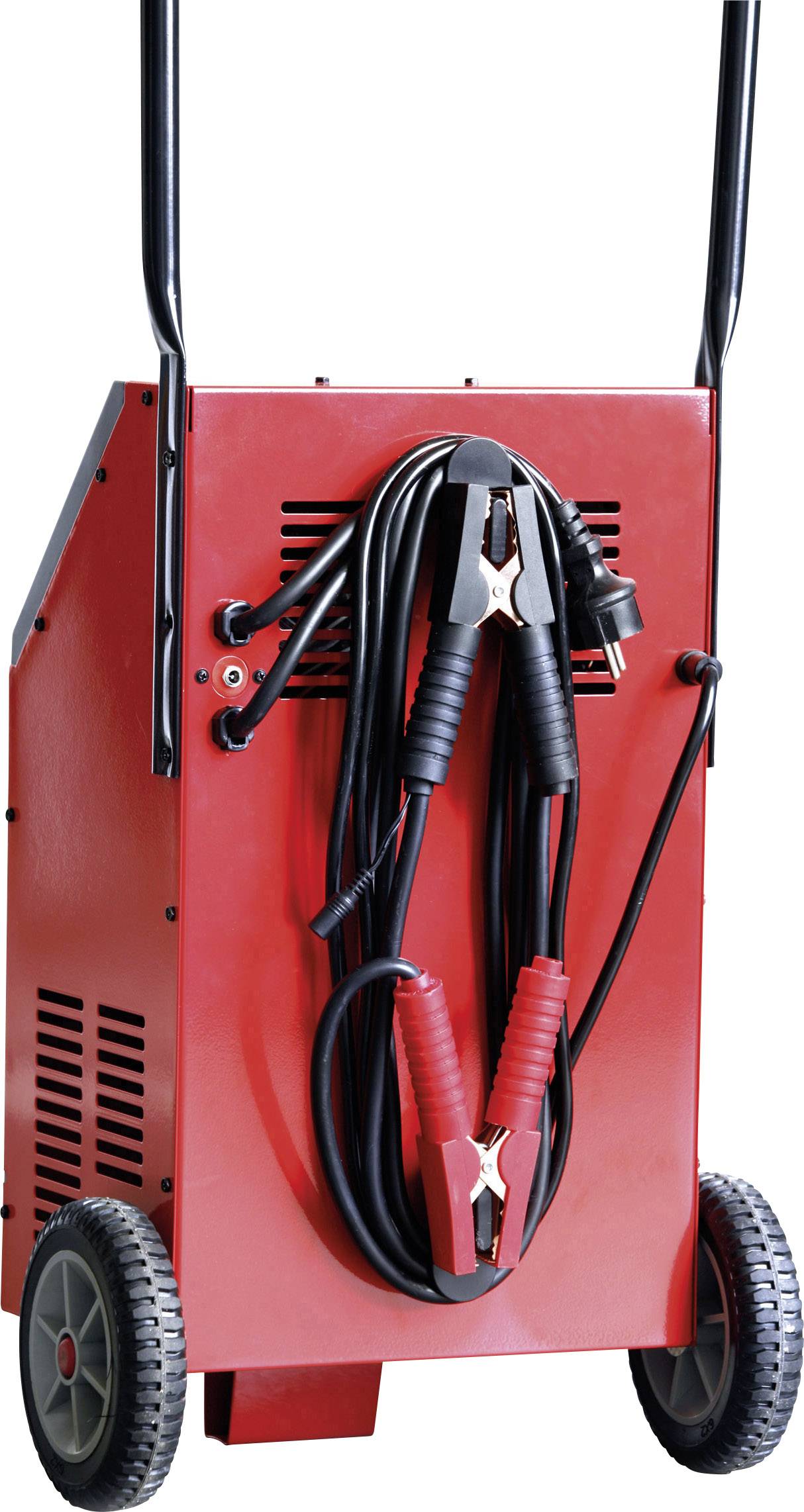 Rotes Ladegerät auf Rädern mit Kabel und Klemmen. Geeignet zum Aufladen von Fahrzeugbatterien.