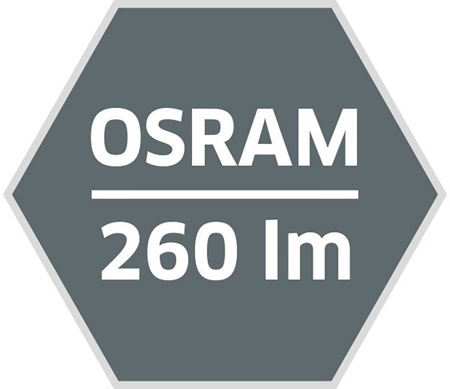 Sechseckiges Logo mit der Aufschrift 'OSRAM 260 lm' in Weiß auf grauem Hintergrund, symbolisiert Lichtstrom in Lumen.
