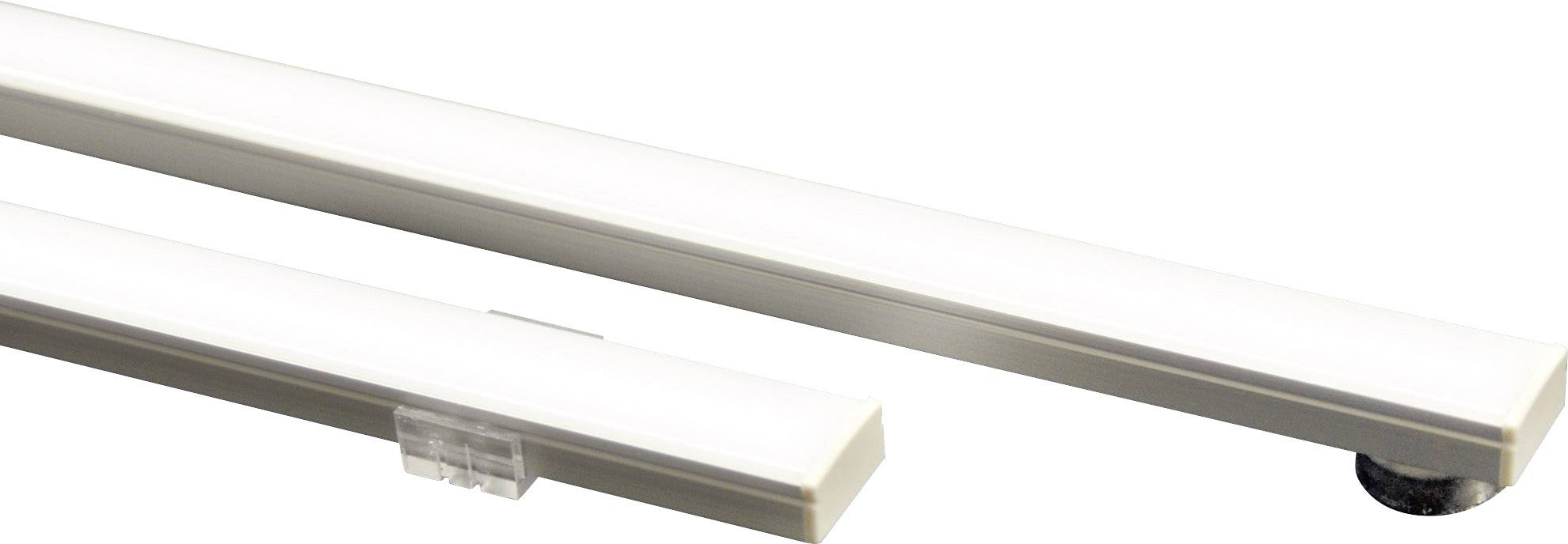 Zwei lange, schmale LED-Leuchten mit weißem Licht, passend für Unterbau oder Möbelbeleuchtung. Ein Halterungsclip ist sichtbar.