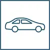 Ein einfaches Symbol eines Autos in Seitenansicht mit klaren, minimalistischen Linien auf weißem Hintergrund.
