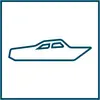 Ein einfaches, stilisiertes Symbol eines Bootes mit rechteckigem Deck und zwei Fenstern in der Mitte, auf weißem Hintergrund.