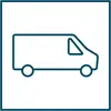 Ein einfaches Icon eines Lieferwagens auf weißem Hintergrund, um Transport oder Lieferung darzustellen.