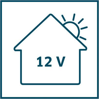 Eine Haus-Ikone mit der Aufschrift '12 V'. Neben dem Haus scheint eine Sonne.